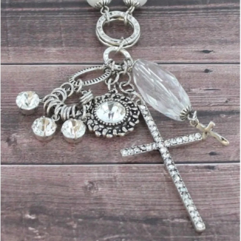 Burnished Silvertone Cross and Crystal Cluster
